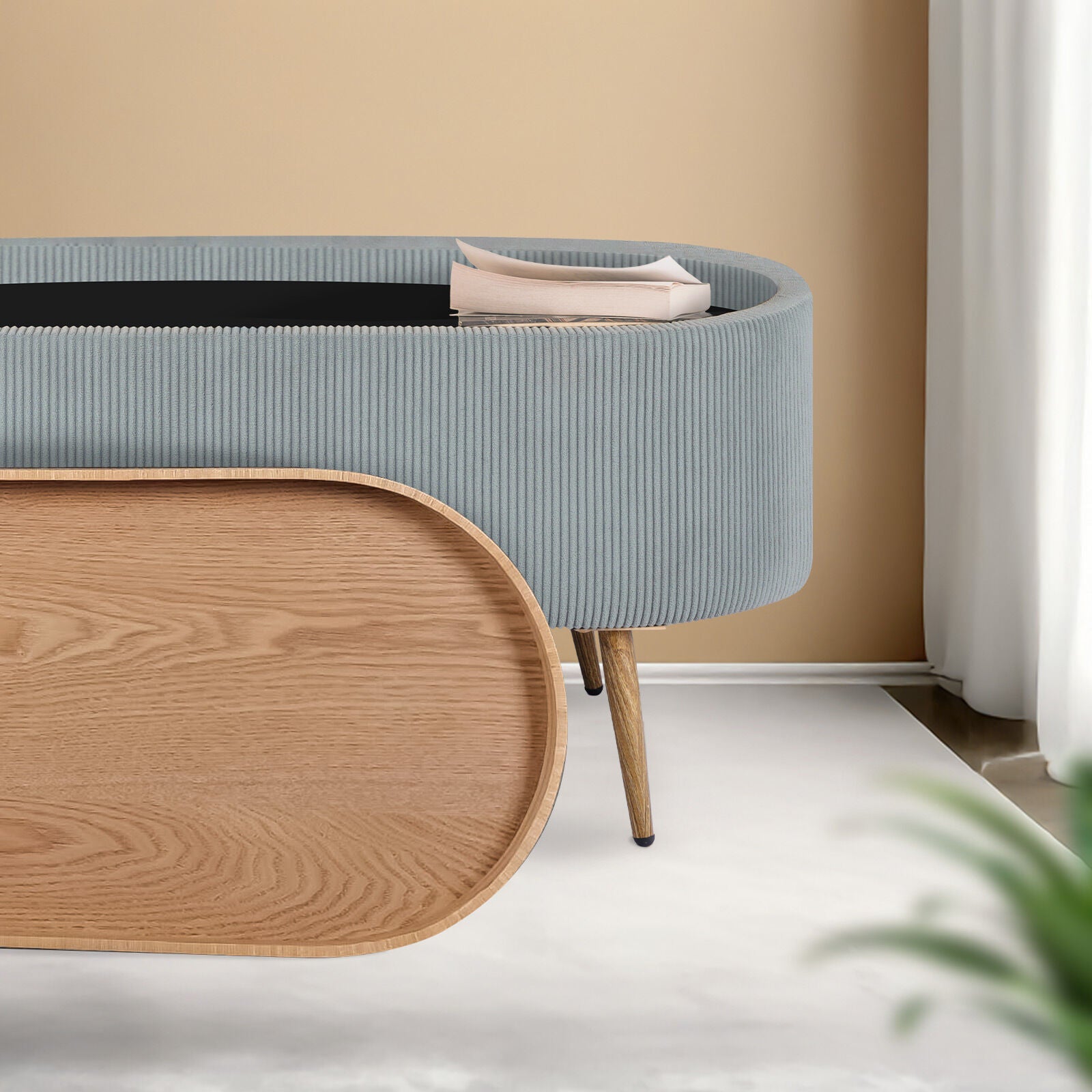 Ottomans & Footstools: Coffee Table Storage Ottoman - Corduroy Padded Blanket Box Bench ESME - DUSTY BLUE