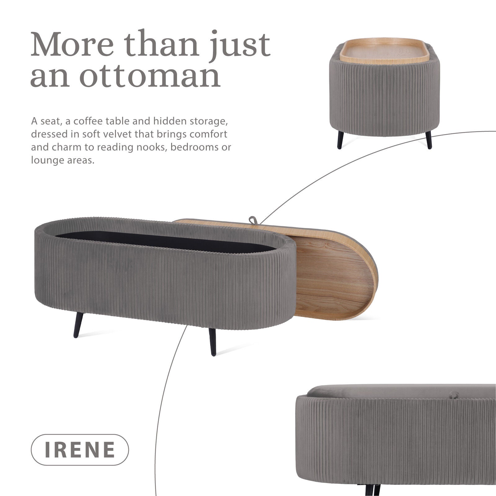 Ottomans & Footstools: Coffee Table Storage Ottoman - Velvet Padded Blanket Box Bench IRENE GREY