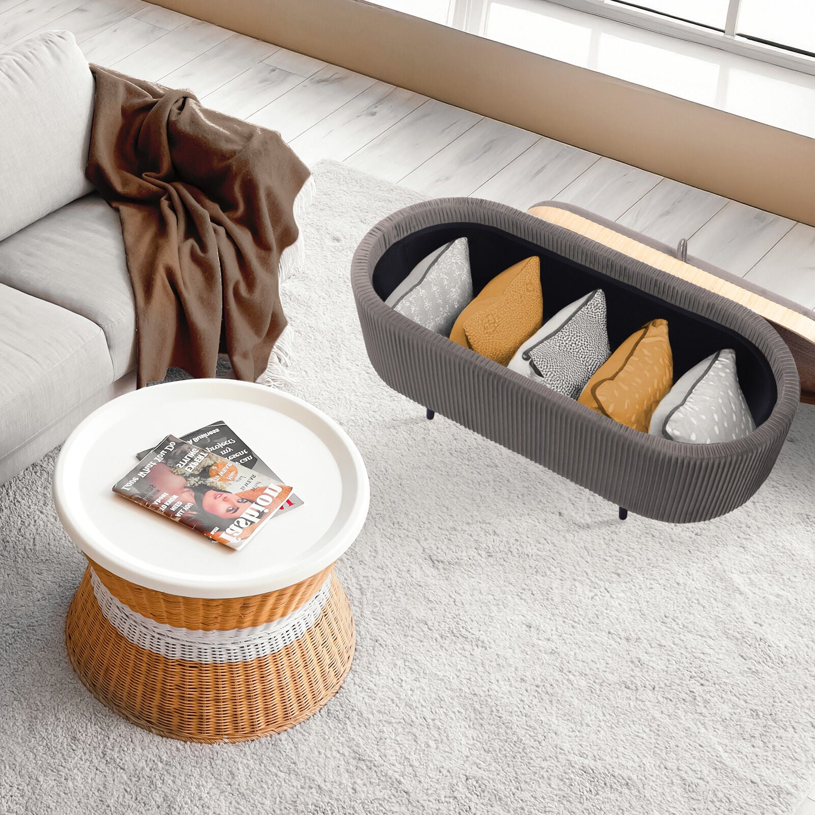 Ottomans & Footstools: Coffee Table Storage Ottoman - Velvet Padded Blanket Box Bench IRENE GREY