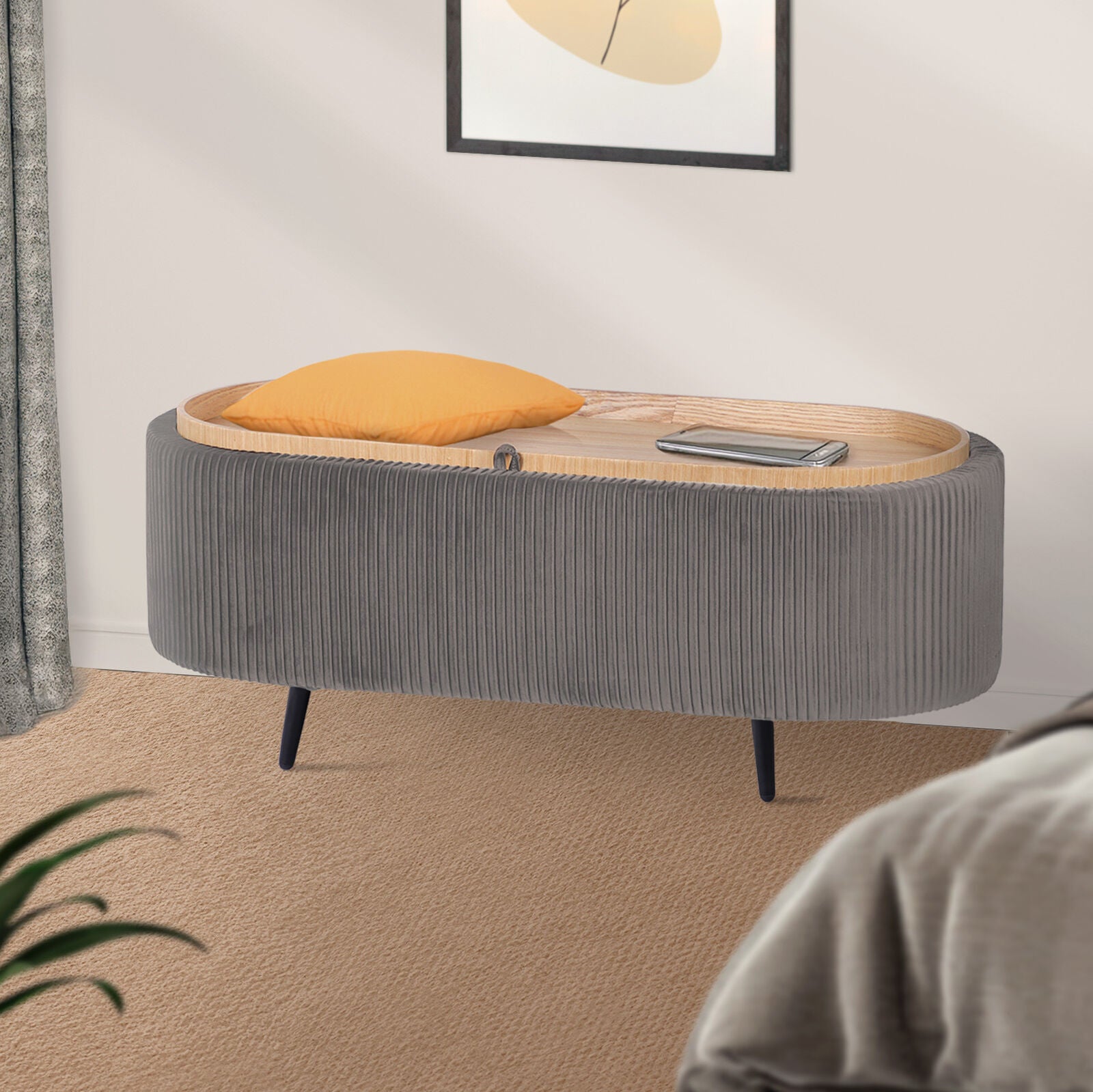 Ottomans & Footstools: Coffee Table Storage Ottoman - Velvet Padded Blanket Box Bench IRENE GREY