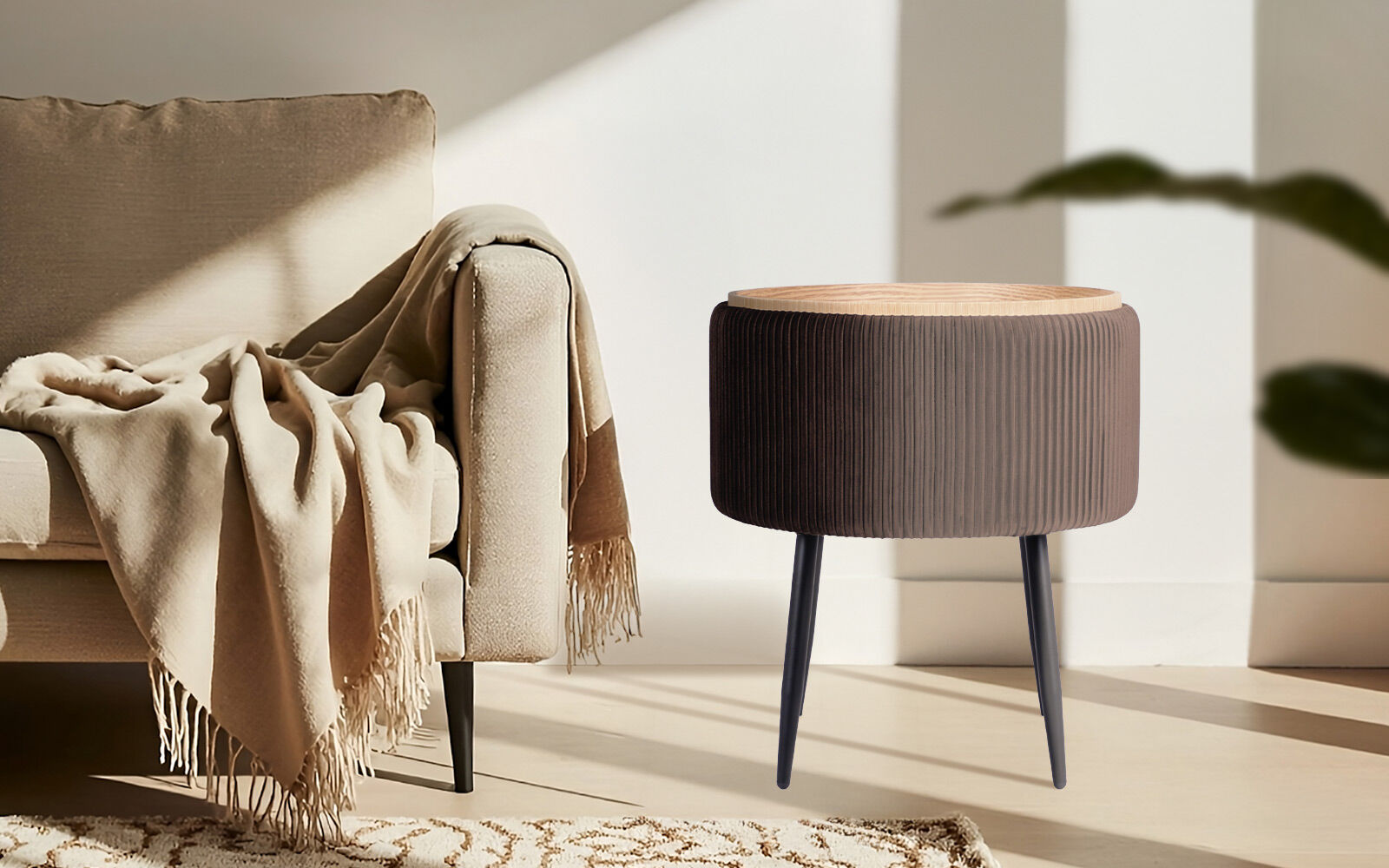 Ottomans & Footstools: Side Table Storage Ottoman - Velvet Padded Stool Vanity Footstool CLEO BROWN