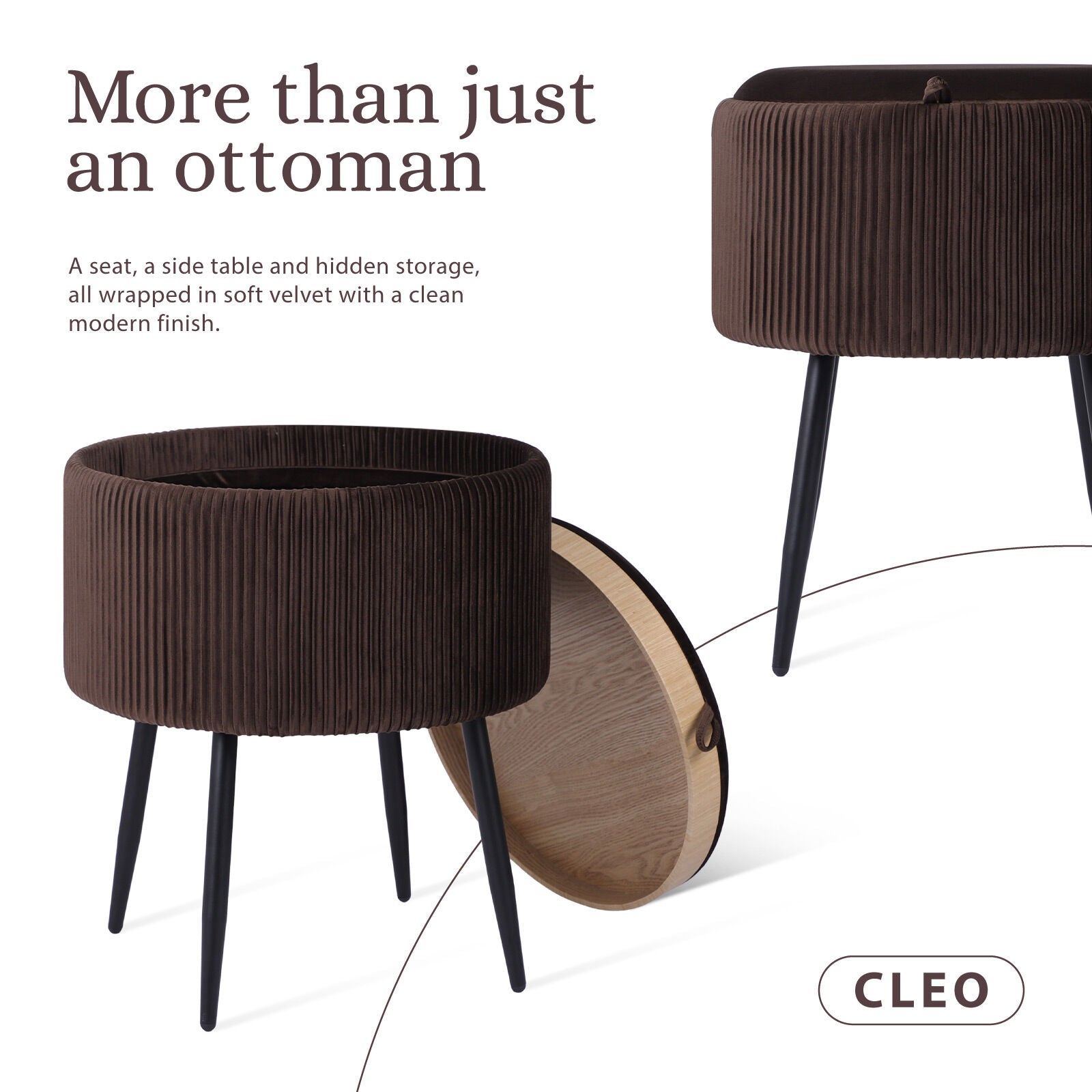 Ottomans & Footstools: Side Table Storage Ottoman - Velvet Padded Stool Vanity Footstool CLEO BROWN