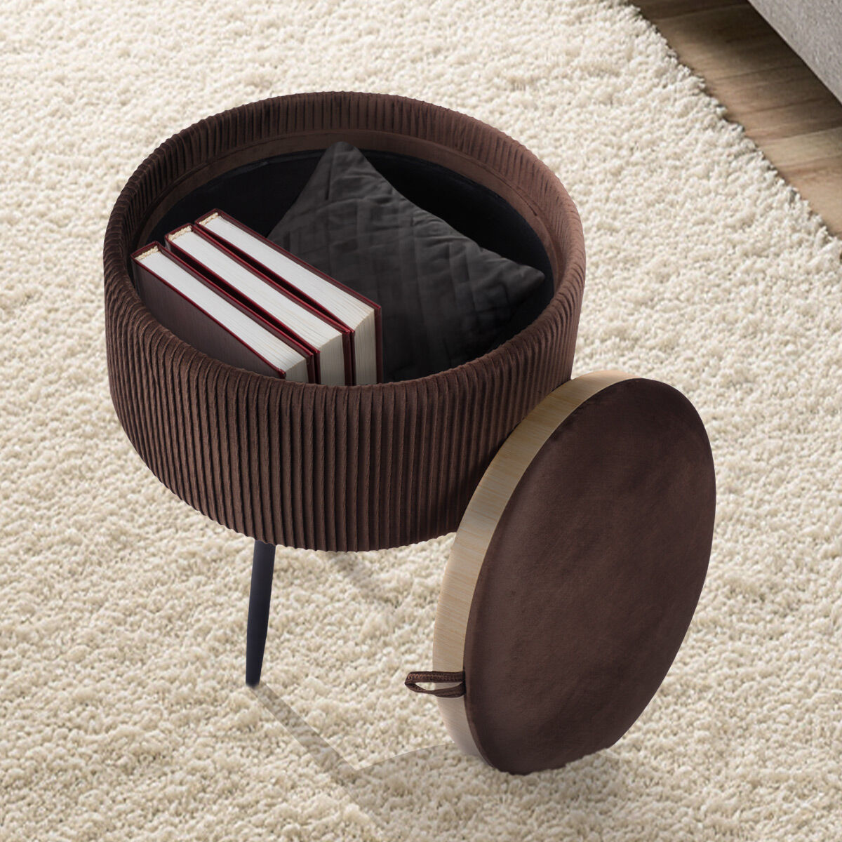 Ottomans & Footstools: Side Table Storage Ottoman - Velvet Padded Stool Vanity Footstool CLEO BROWN