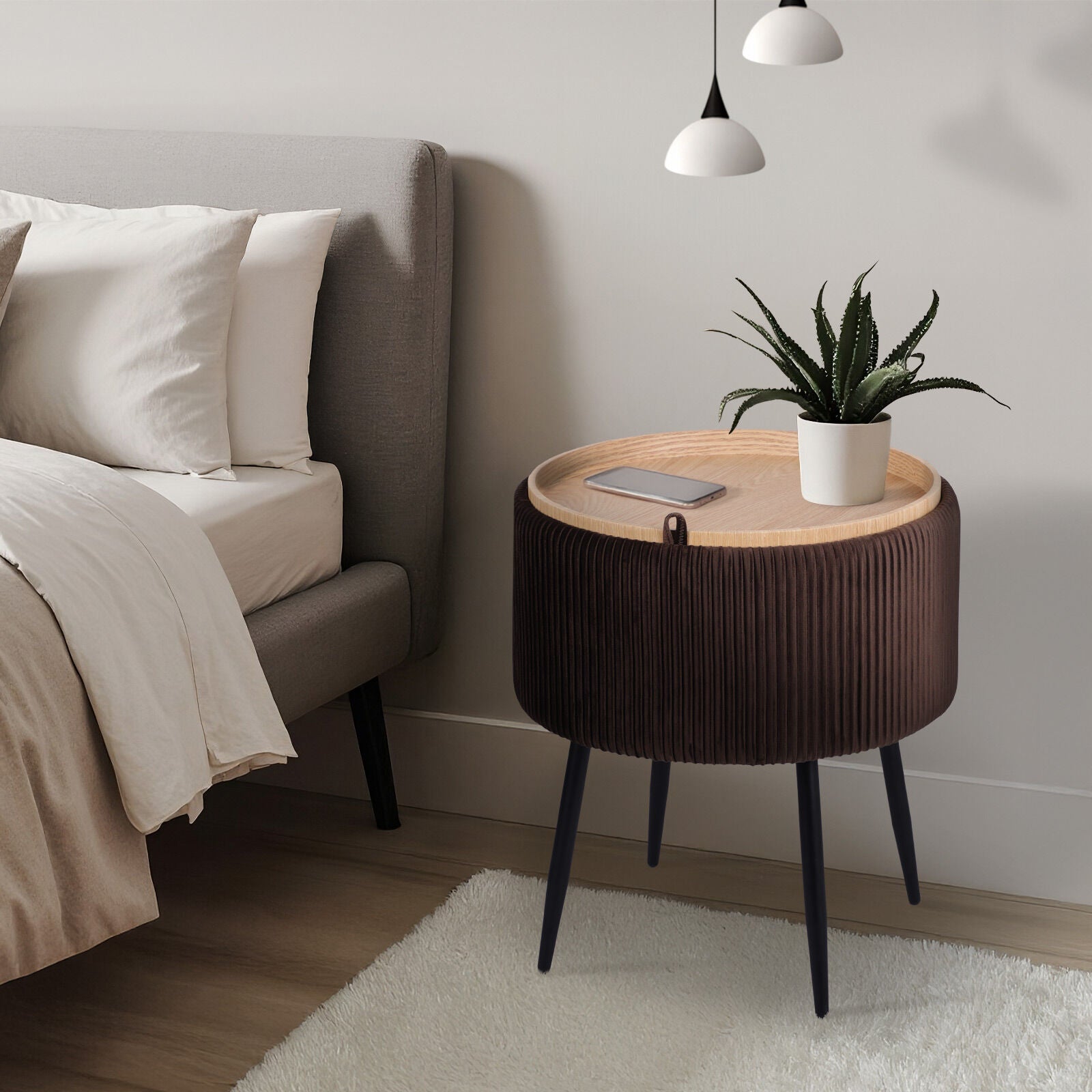 Ottomans & Footstools: Side Table Storage Ottoman - Velvet Padded Stool Vanity Footstool CLEO BROWN