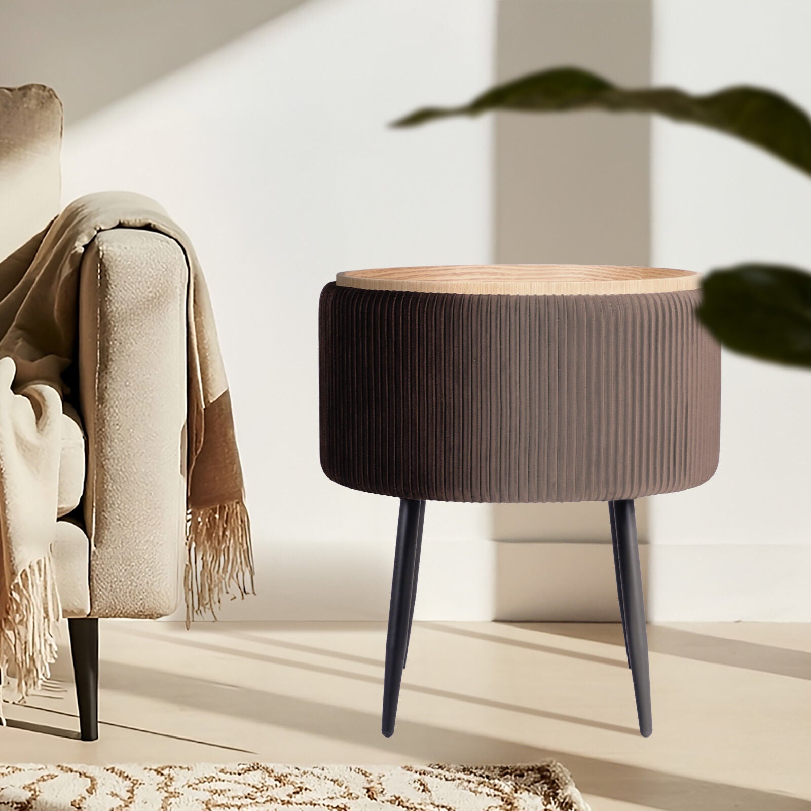 Ottomans & Footstools: Side Table Storage Ottoman - Velvet Padded Stool Vanity Footstool CLEO BROWN