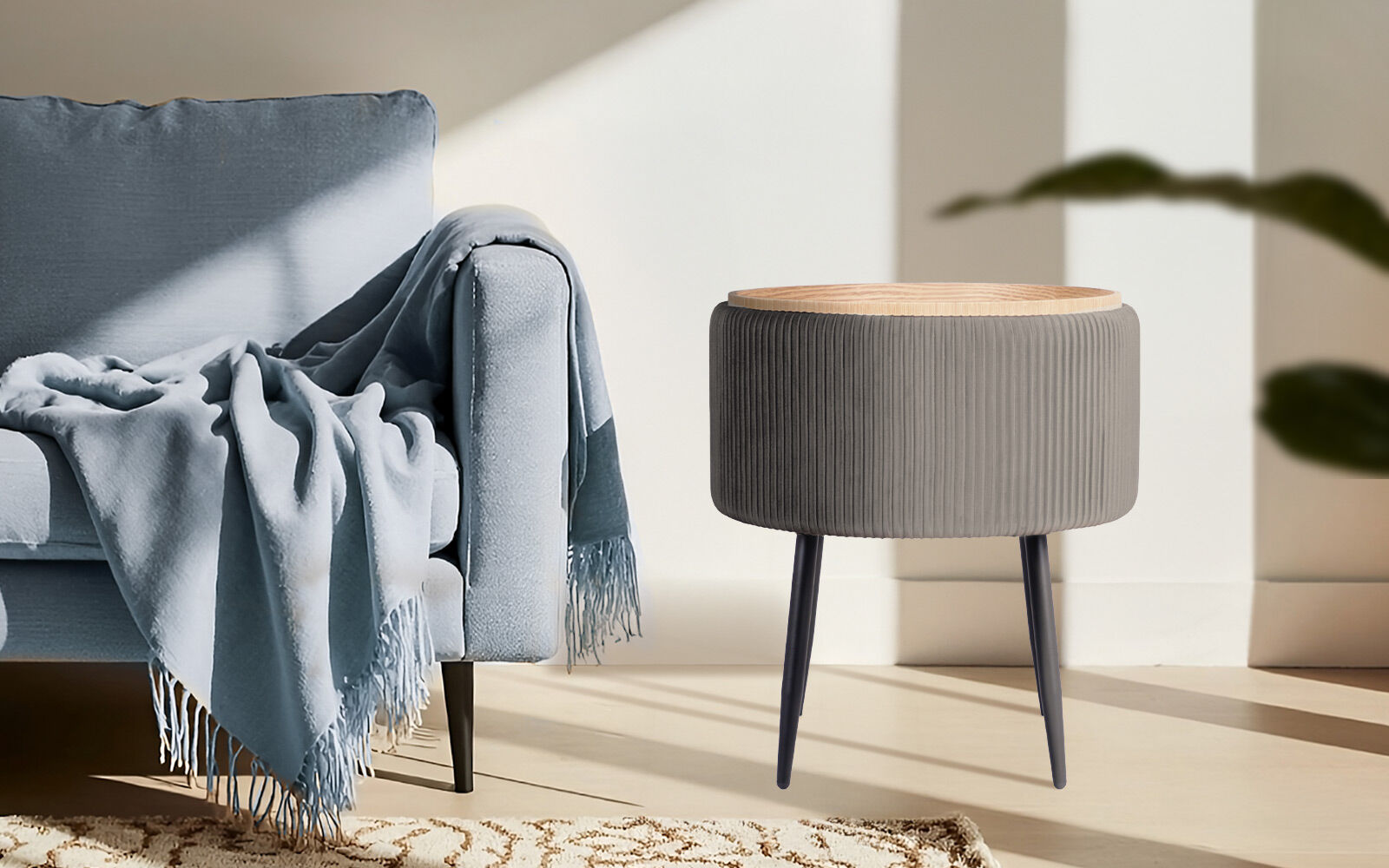 Ottomans & Footstools: Side Table Storage Ottoman - Velvet Padded Stool Vanity Footstool CLEO GREY