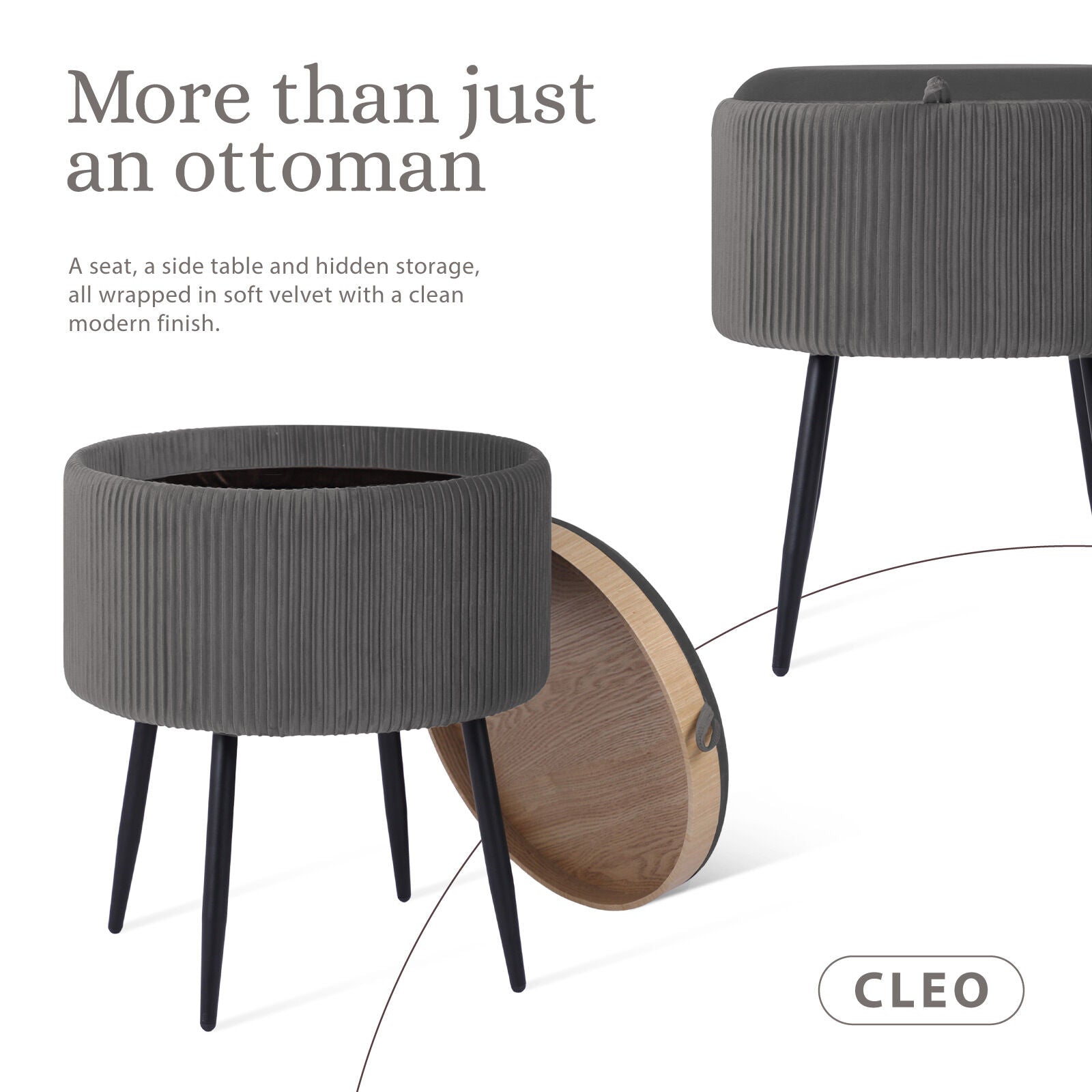 Ottomans & Footstools: Side Table Storage Ottoman - Velvet Padded Stool Vanity Footstool CLEO GREY