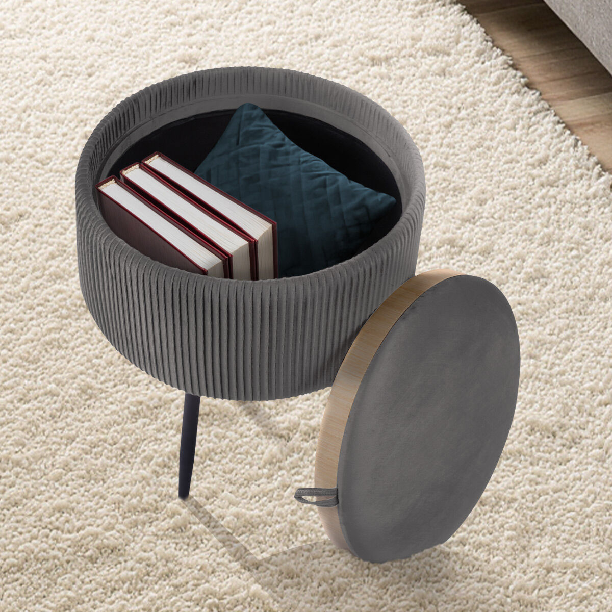 Ottomans & Footstools: Side Table Storage Ottoman - Velvet Padded Stool Vanity Footstool CLEO GREY