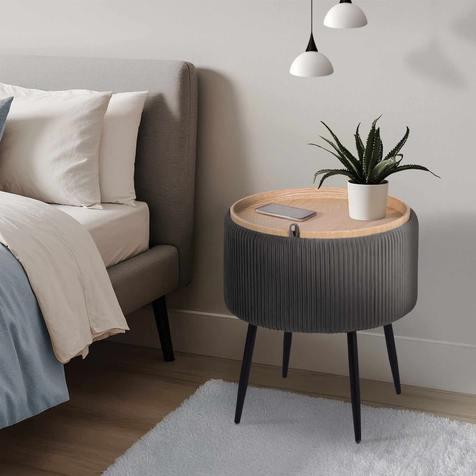 Ottomans & Footstools: Side Table Storage Ottoman - Velvet Padded Stool Vanity Footstool CLEO GREY