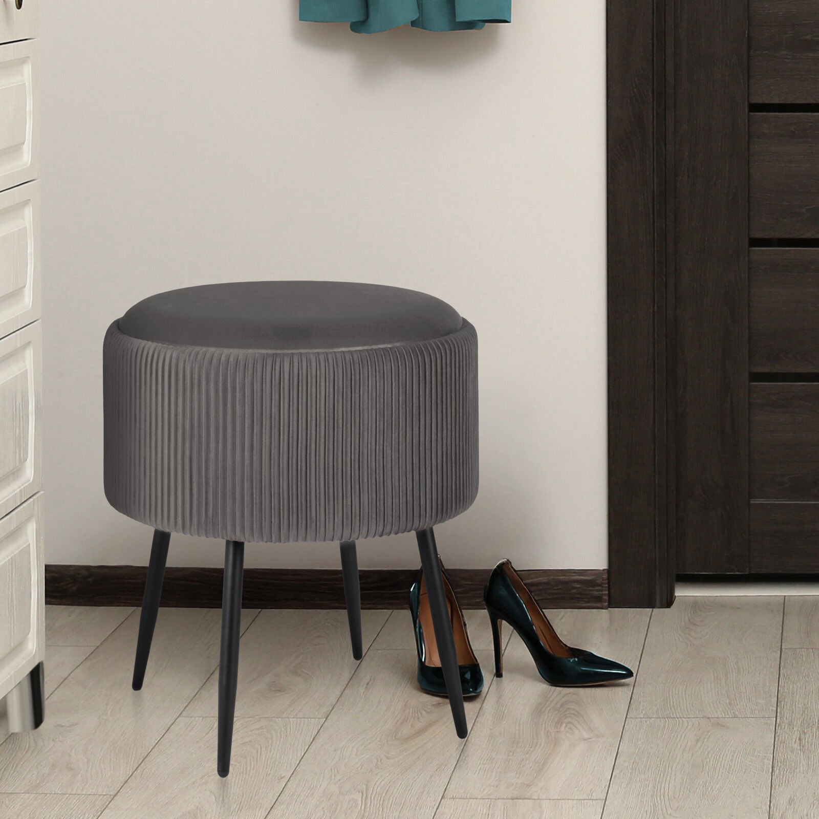 Ottomans & Footstools: Side Table Storage Ottoman - Velvet Padded Stool Vanity Footstool CLEO GREY