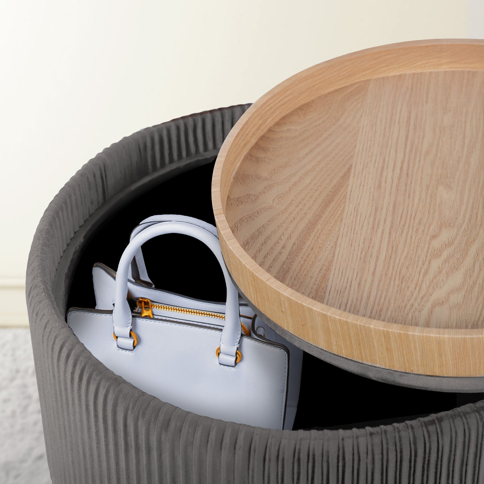 Ottomans & Footstools: Side Table Storage Ottoman - Velvet Padded Stool Vanity Footstool CLEO GREY