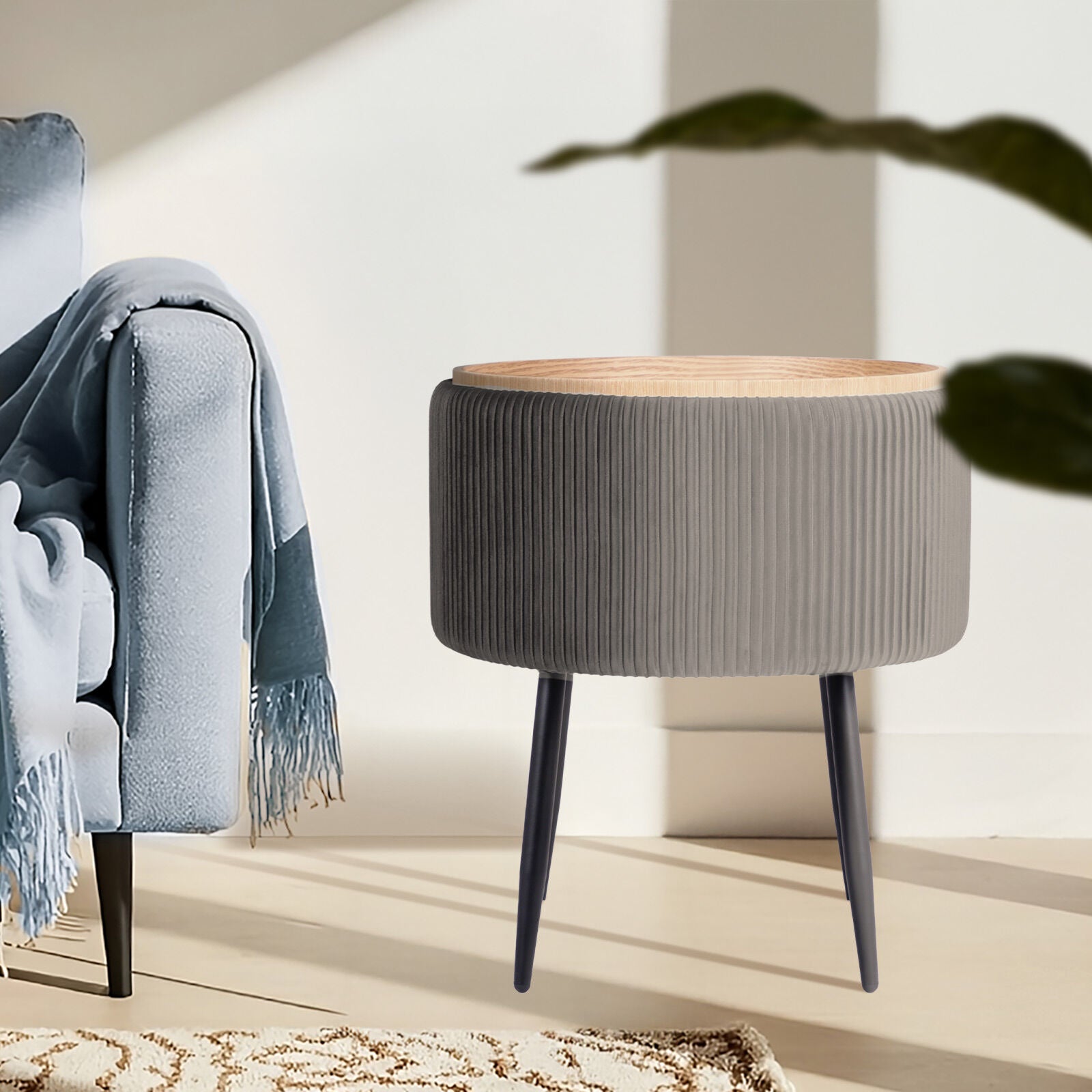 Ottomans & Footstools: Side Table Storage Ottoman - Velvet Padded Stool Vanity Footstool CLEO GREY