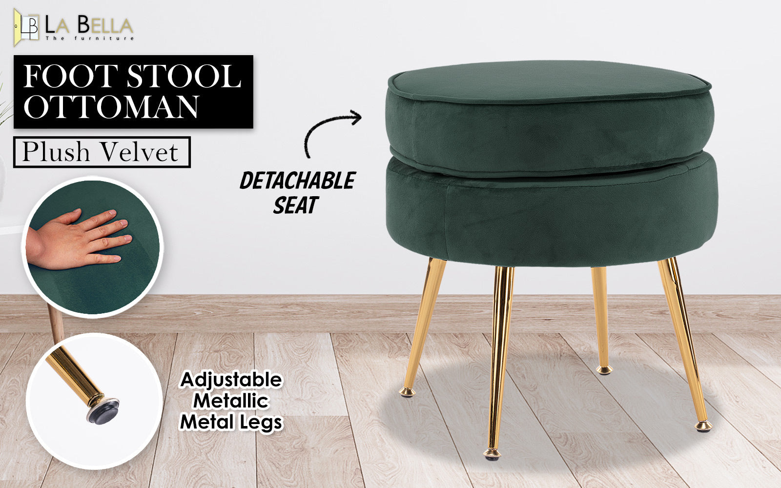 Bedside Tables: Ottoman Foot Stool Velvet Fabric Metal Leg Round GREEN