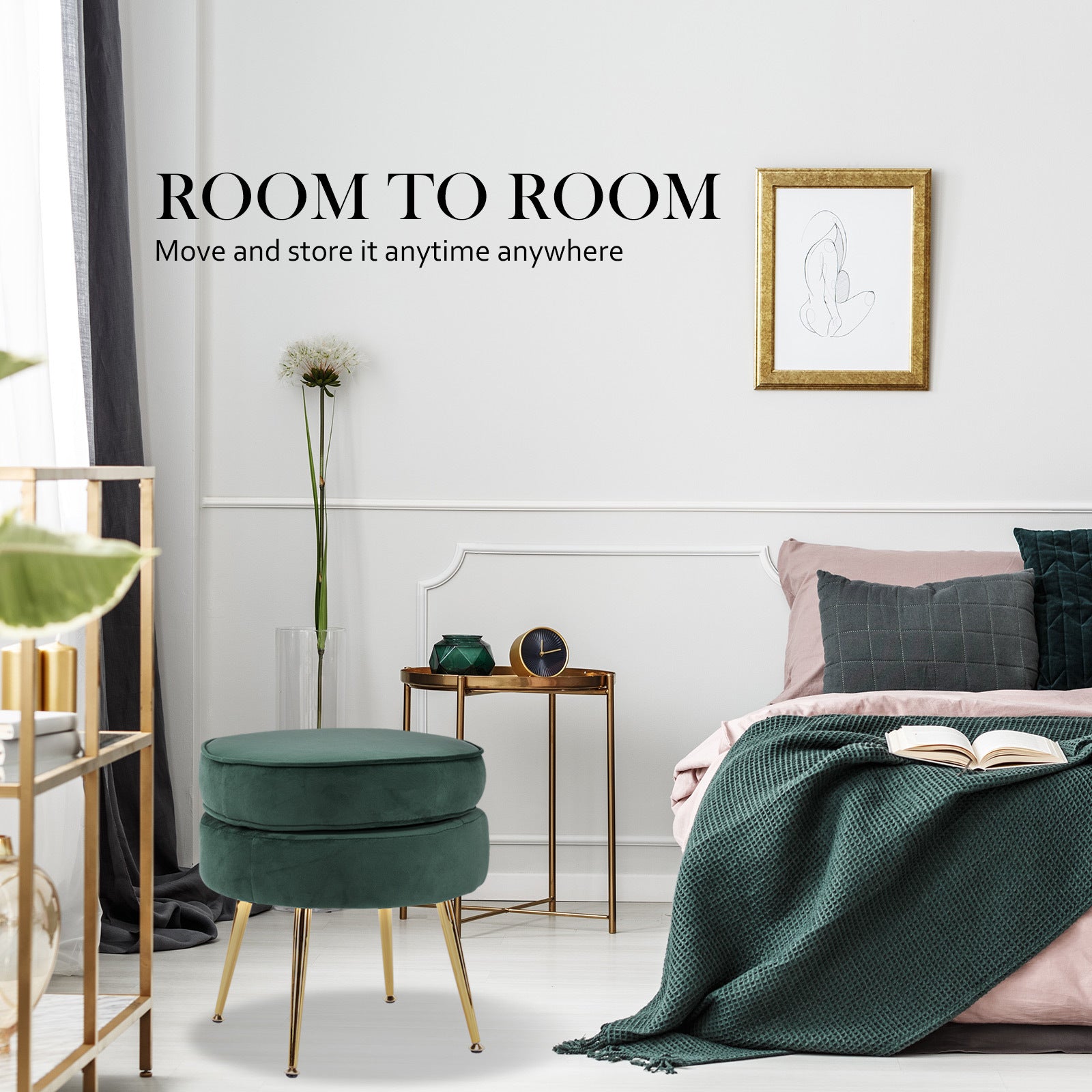 Bedside Tables: Ottoman Foot Stool Velvet Fabric Metal Leg Round GREEN
