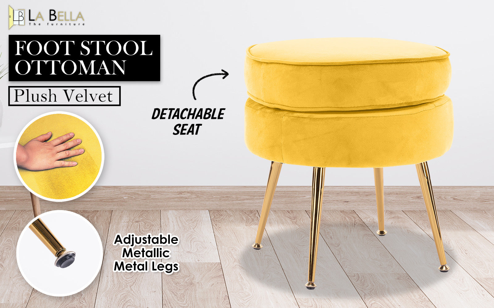 Bedside Tables: Ottoman Foot Stool Velvet Fabric Metal Leg Round YELLOW