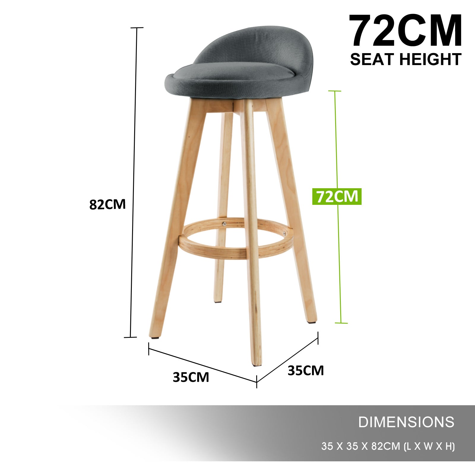 Table & Bar Stools: 2X Wooden Bar Stool Dining Chair Fabric LEILA 72cm GREY