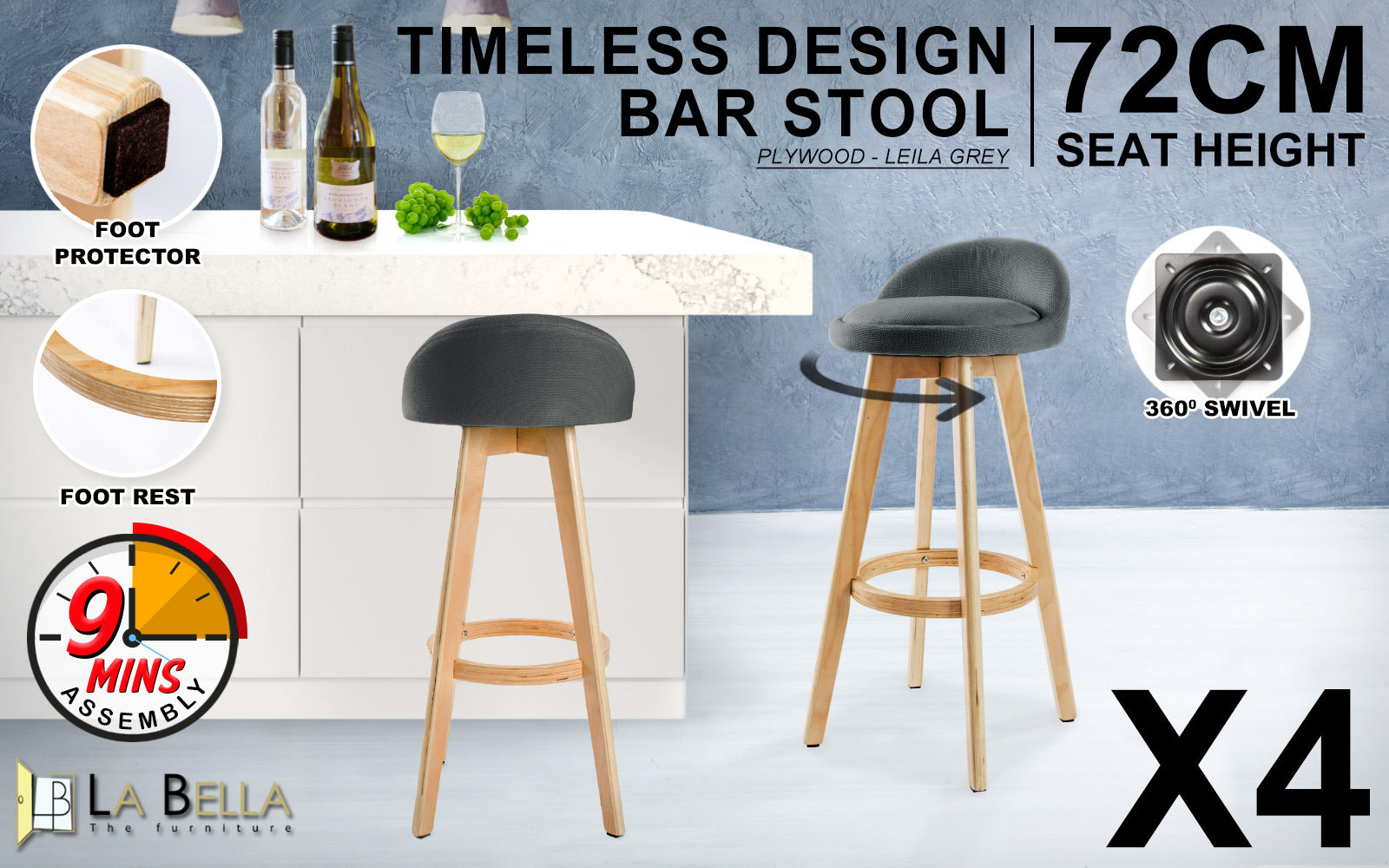 Table & Bar Stools: 4X Wooden Bar Stool Dining Chair Fabric LEILA 72cm GREY