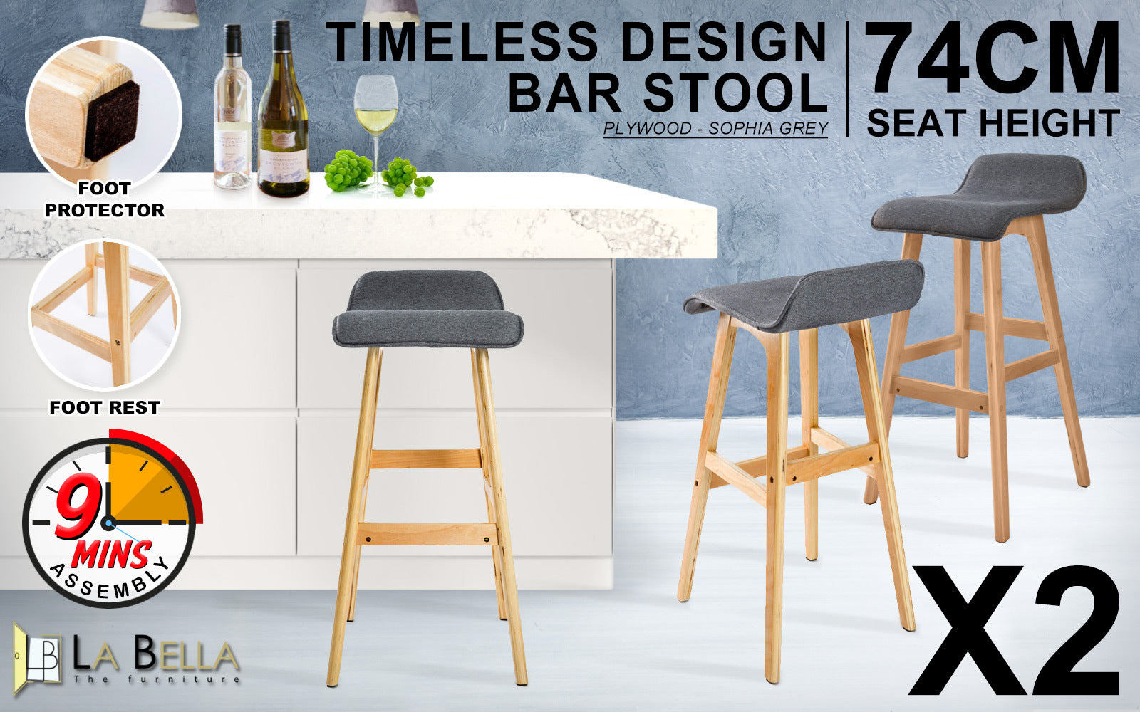 Table & Bar Stools: 2X Wooden Bar Stool Dining Chair Fabric SOPHIA 74cm GREY