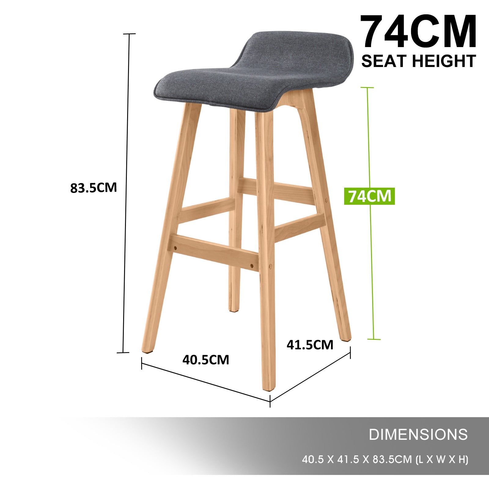 Table & Bar Stools: 2X Wooden Bar Stool Dining Chair Fabric SOPHIA 74cm GREY