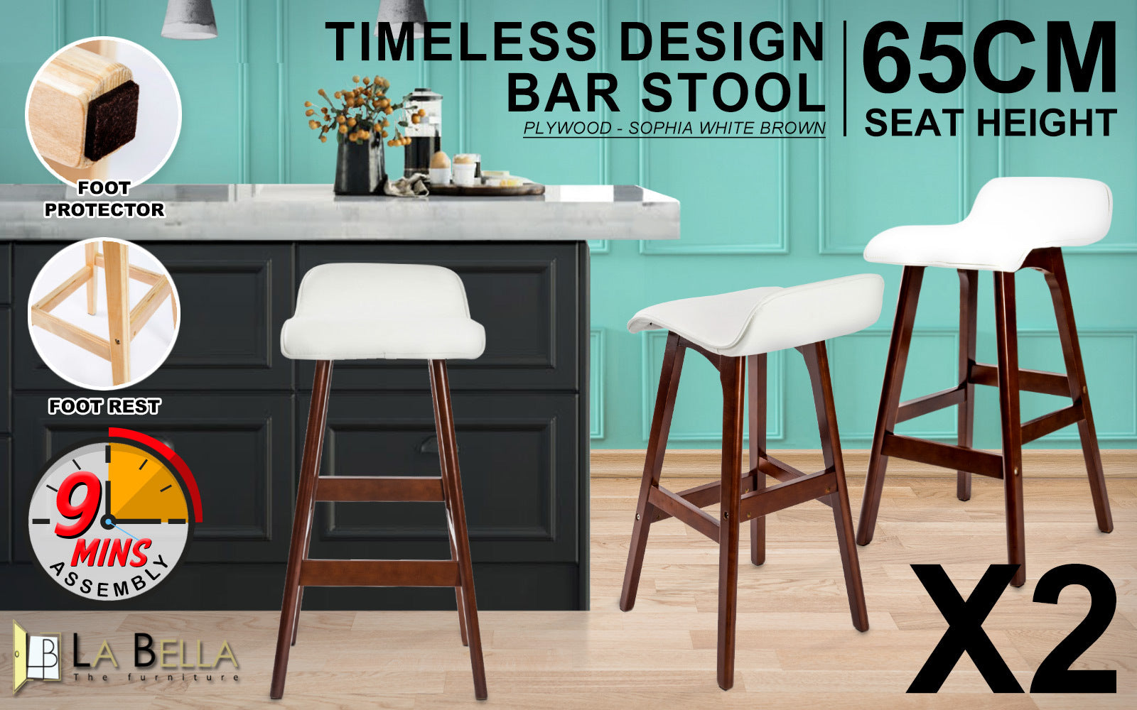 Table & Bar Stools: 2X Wooden Bar Stool Dining Chair Leather SOPHIA 65cm WHITE BROWN