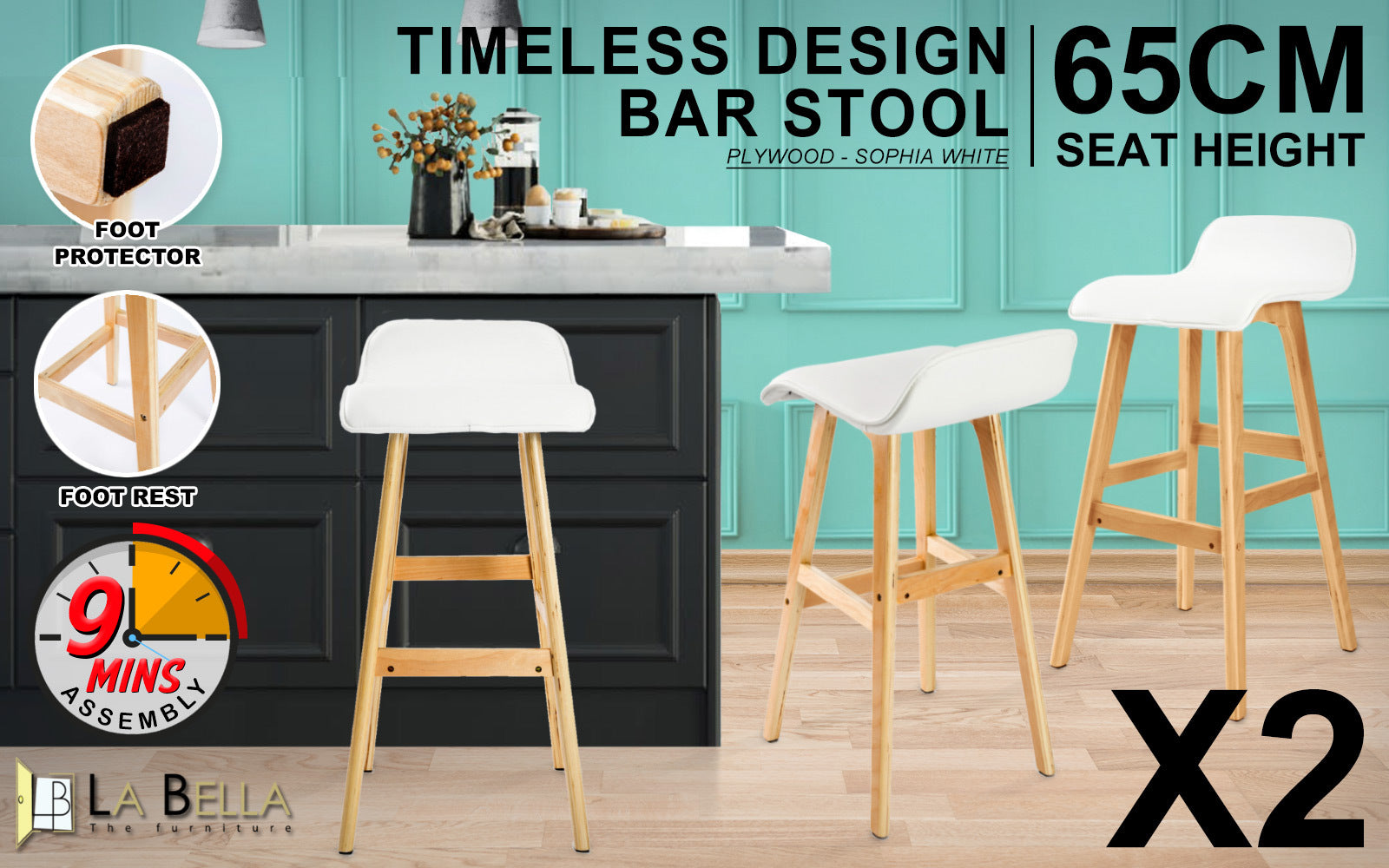 Table & Bar Stools: 2X Wooden Bar Stool Dining Chair Leather SOPHIA 65cm WHITE