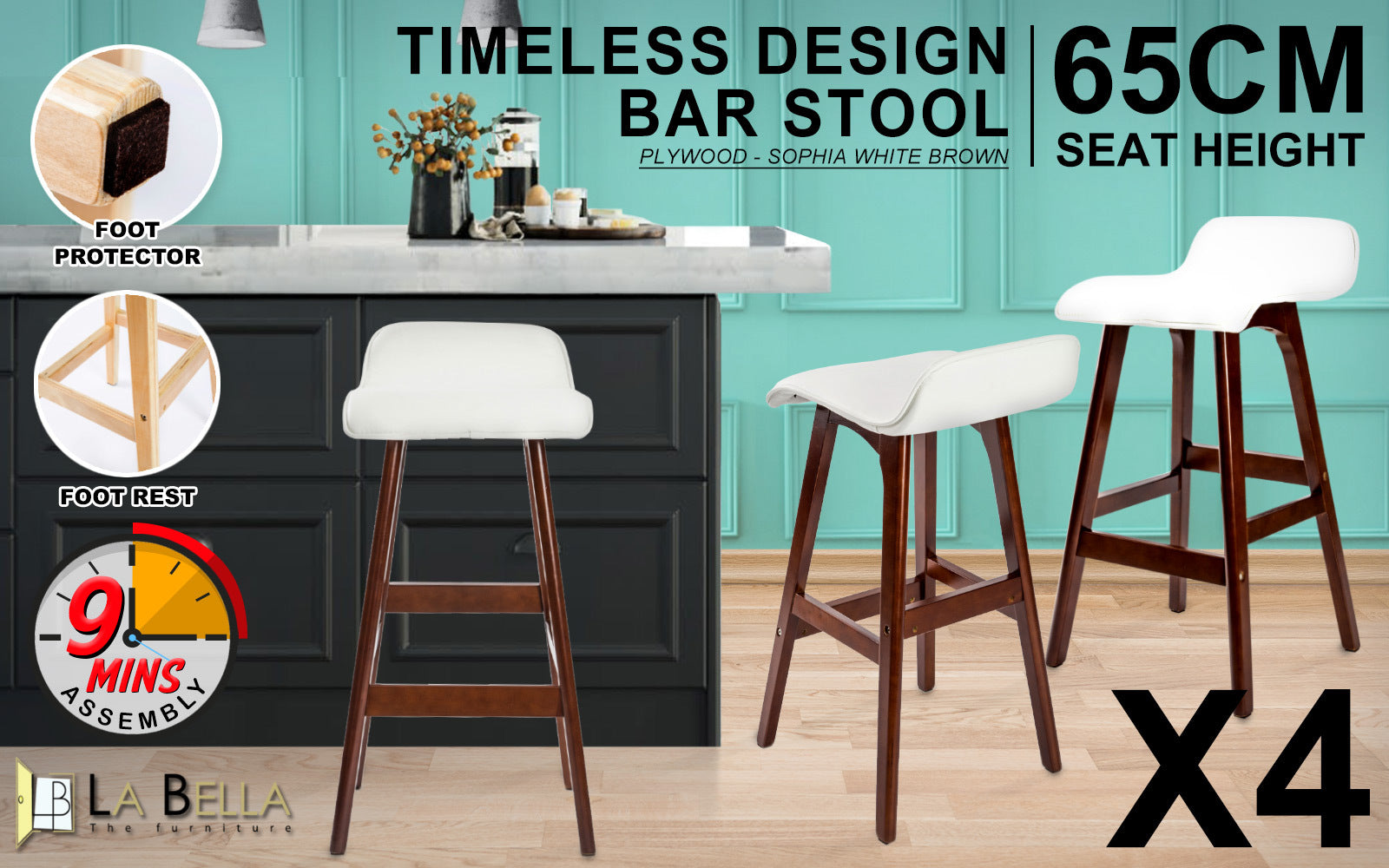 Table & Bar Stools: 4X Wooden Bar Stool Dining Chair Leather SOPHIA 65cm WHITE BROWN