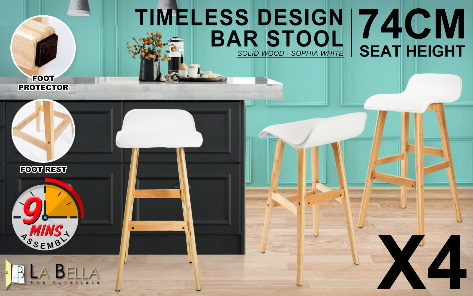 Table & Bar Stools: 4X Wooden Bar Stool Dining Chair Leather SOPHIA 74cm WHITE
