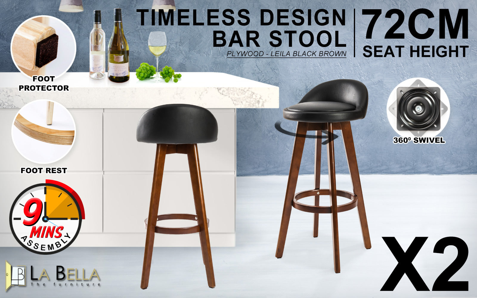 Table & Bar Stools: 2X Wooden Bar Stool Dining Chair Leather LEILA 72cm BLACK BROWN