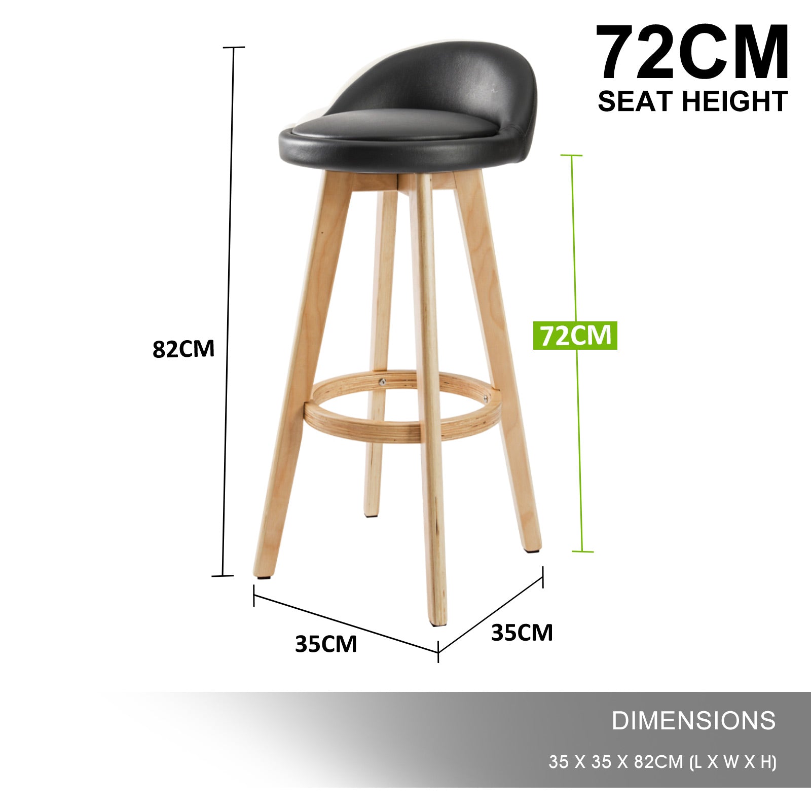 Table & Bar Stools: 2X Wooden Bar Stool Dining Chair Leather LEILA 72cm BLACK