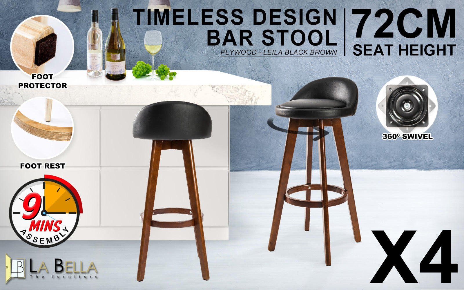 Table & Bar Stools: 4X Wooden Bar Stool Dining Chair Leather LEILA 72cm BLACK BROWN