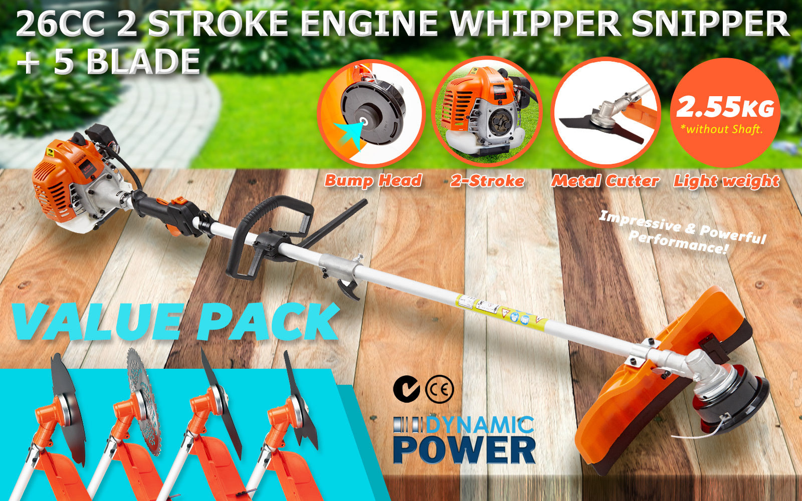 Gardening Tools: Dynamic Power 26cc Petrol Whipper Snipper Brush Cutter + 4 Blade