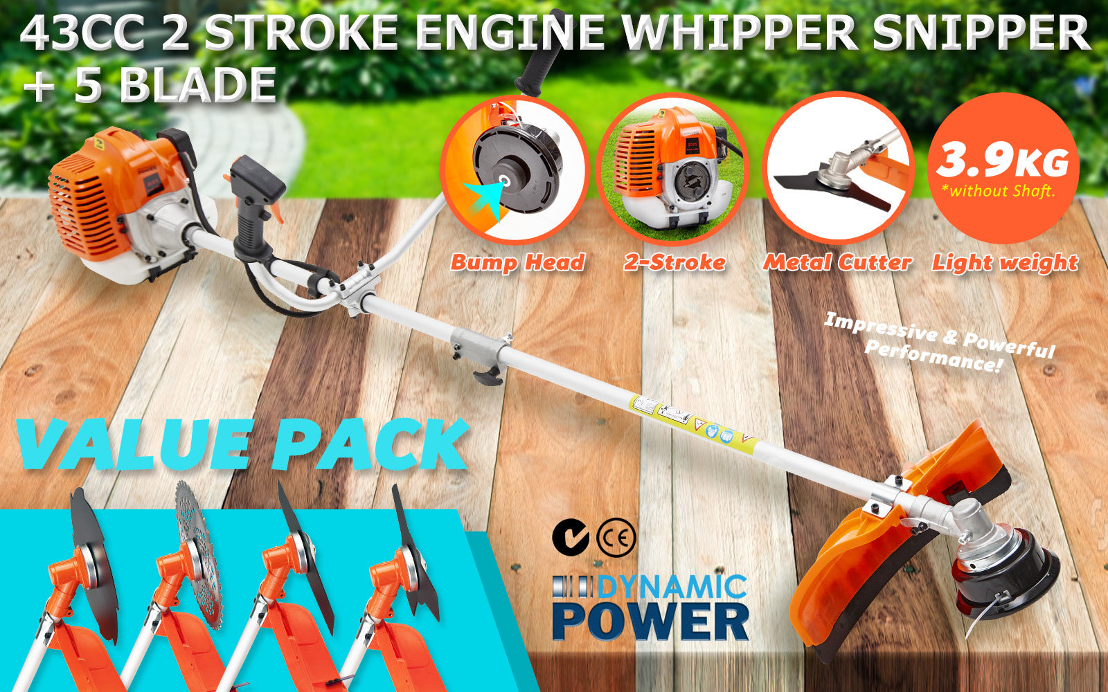 Gardening Tools: Dynamic Power 43cc Petrol Whipper Snipper Brush Cutter + 4 Blade