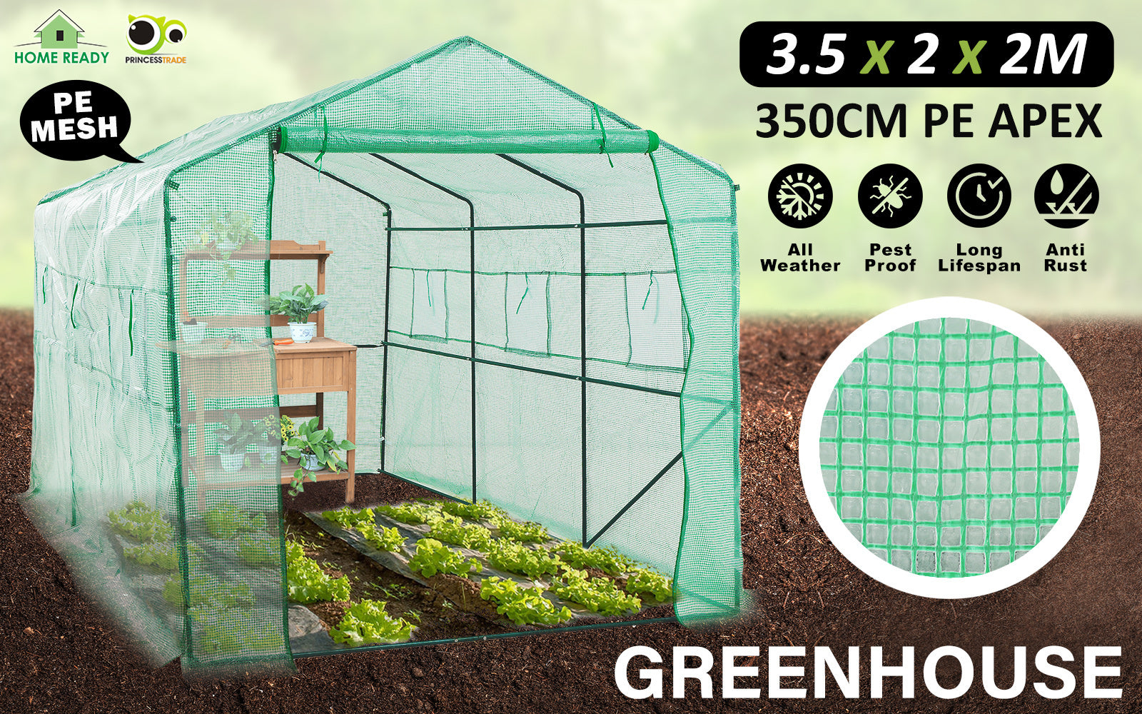 Greenhouses & Accessories: Garden Greenhouse Walk-In Shed 3.5x2x2M PE Apex