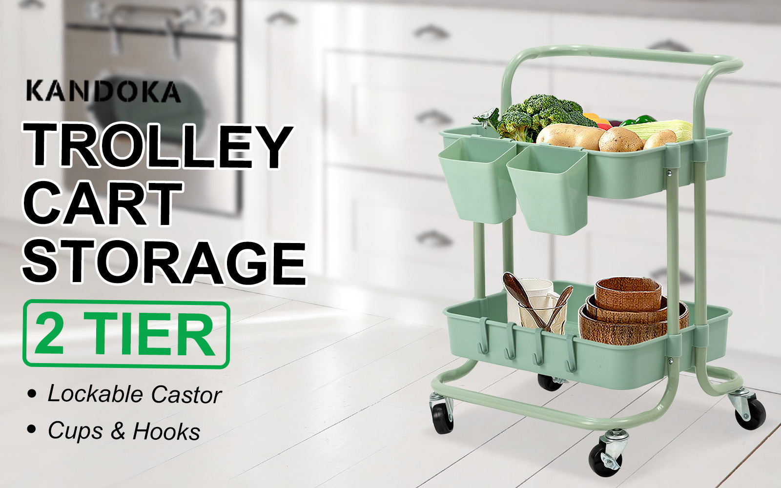 Kitchen & Dining Trolleys: Trolley Cart Storage Utility Rack Shelf Organiser Swivel Kitchen 2 Tier GREEN