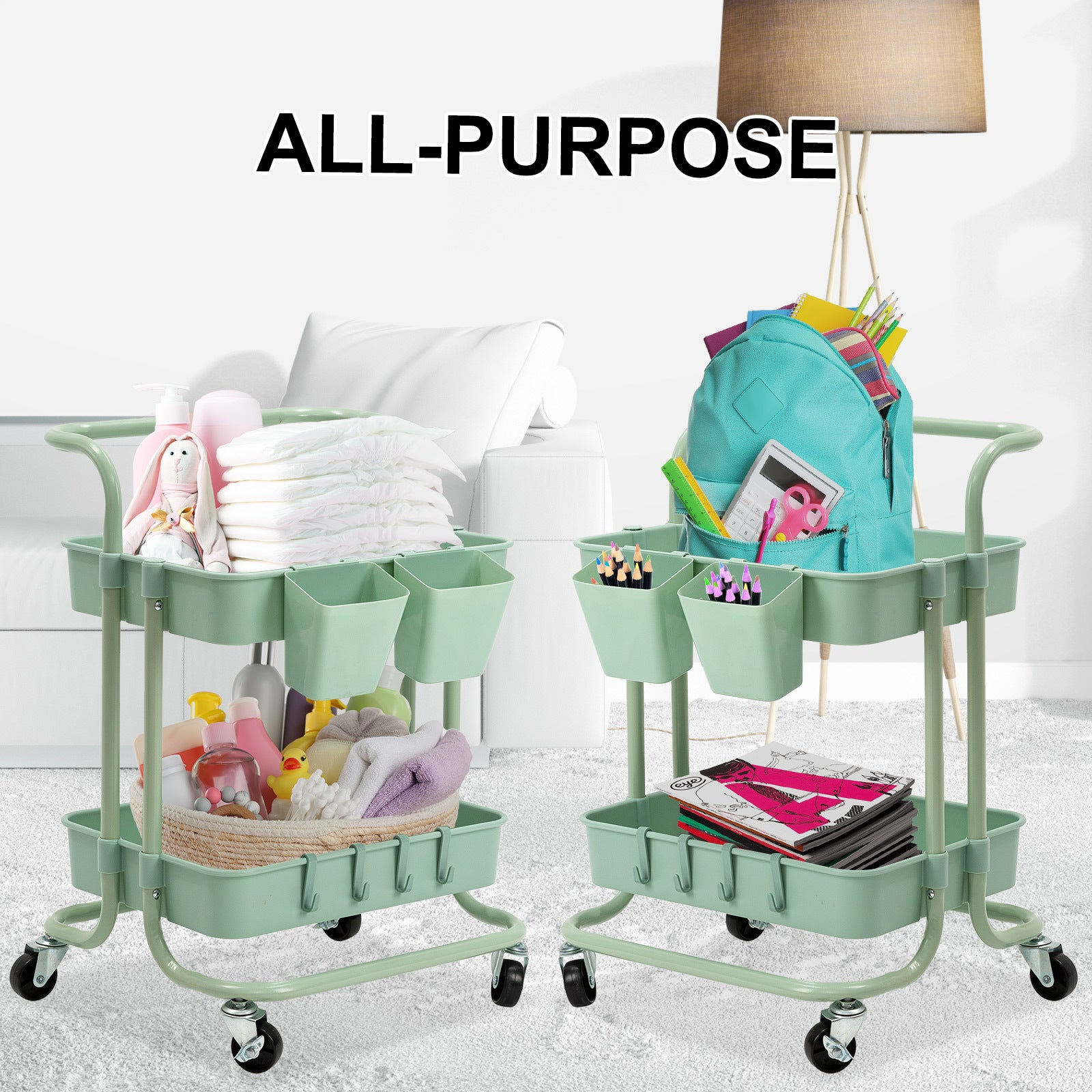 Kitchen & Dining Trolleys: Trolley Cart Storage Utility Rack Shelf Organiser Swivel Kitchen 2 Tier GREEN