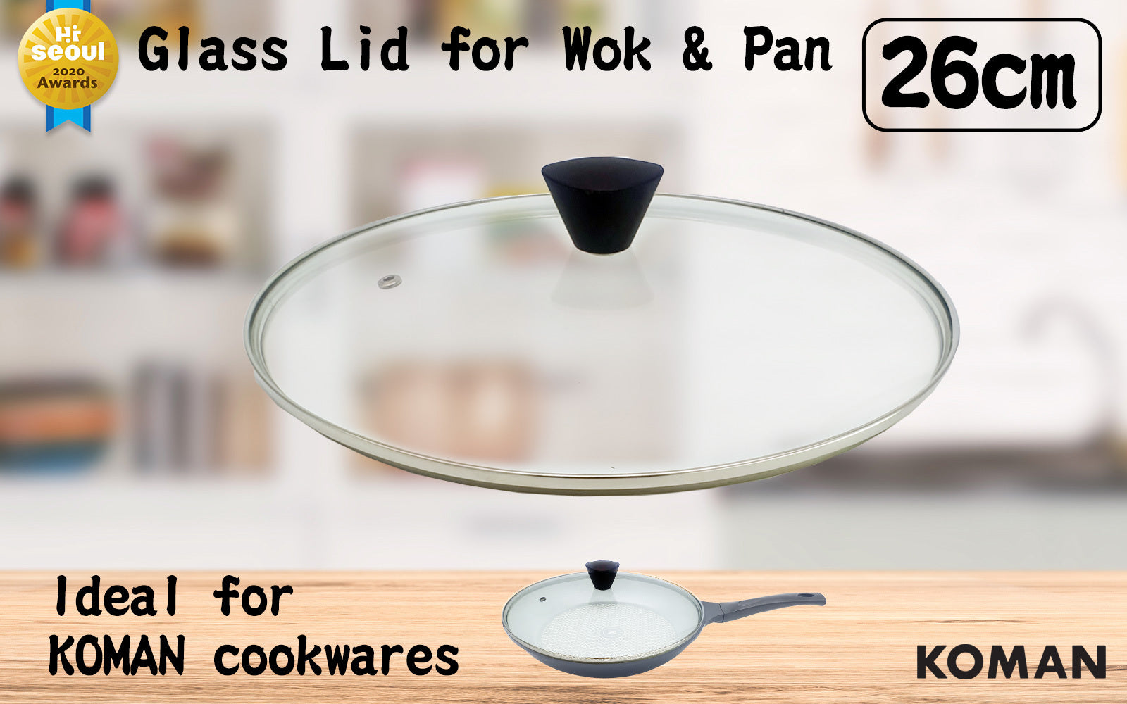 Skillets & Frying Pans: KOMAN Stainless Steel Glass Lid with Bakelite Handle - 26cm