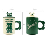 2X High-Fired Ceramic Porcelain Mug Set with Lid 400ml Bear w Tea Spoon GREEN