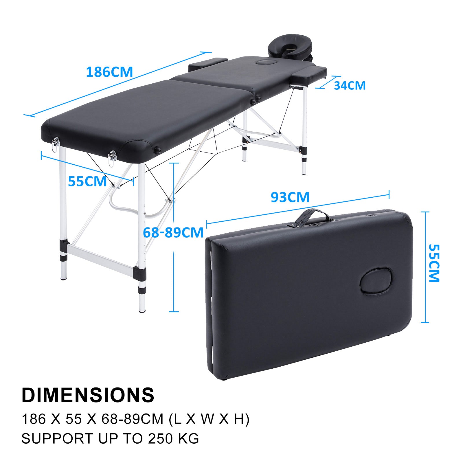 Massage Chairs: Aluminium Portable Beauty Massage Table Bed 2 Fold 55cm Black