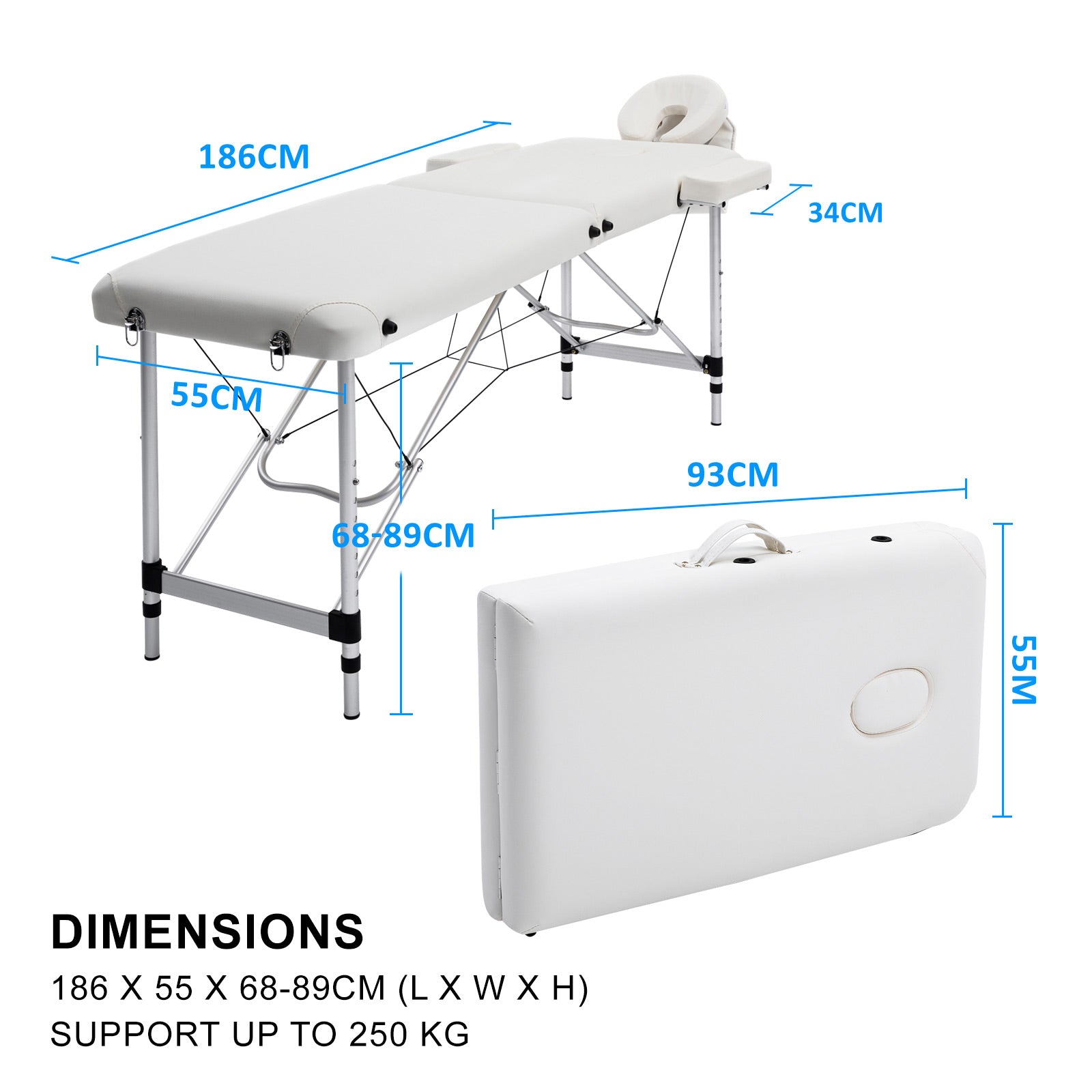 Massage Chairs: Aluminium Portable Beauty Massage Table Bed 2 Fold 55cm White