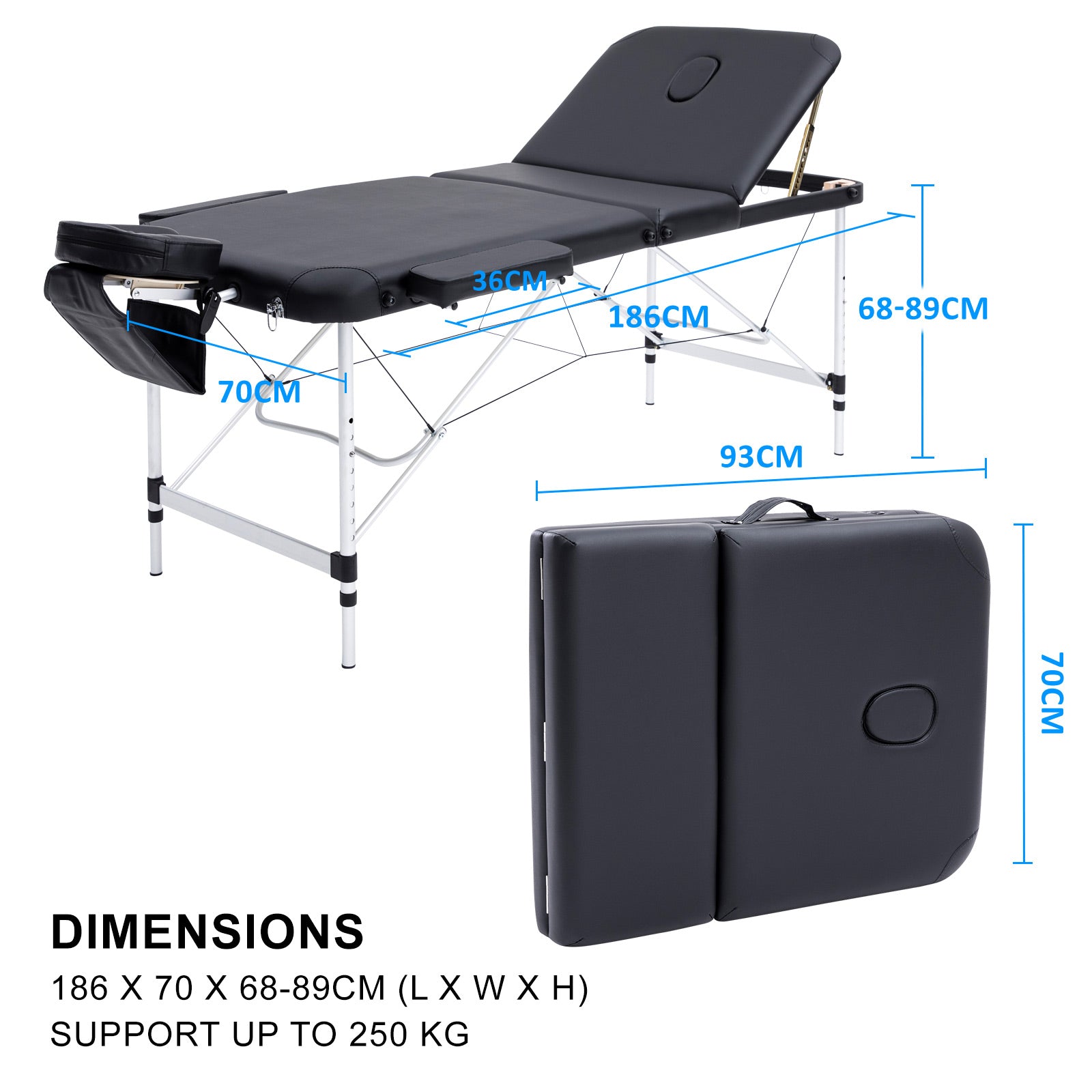 Massage Chairs: Aluminium Portable Beauty Massage Table Bed 3 Fold 70cm Black