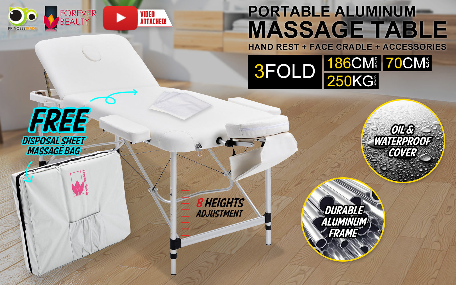 Massage Chairs: Aluminium Portable Beauty Massage Table Bed 3 Fold 70cm White