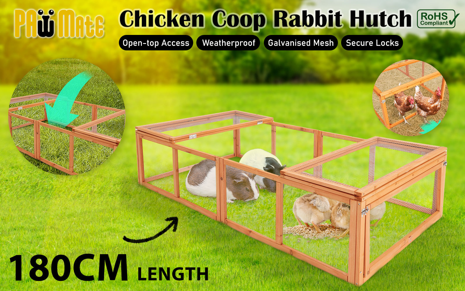 Coop & Hutch Accessories: Paw Mate Chicken Coop Rabbit Hutch Extension Run 180 x 90 x 48cm Runey