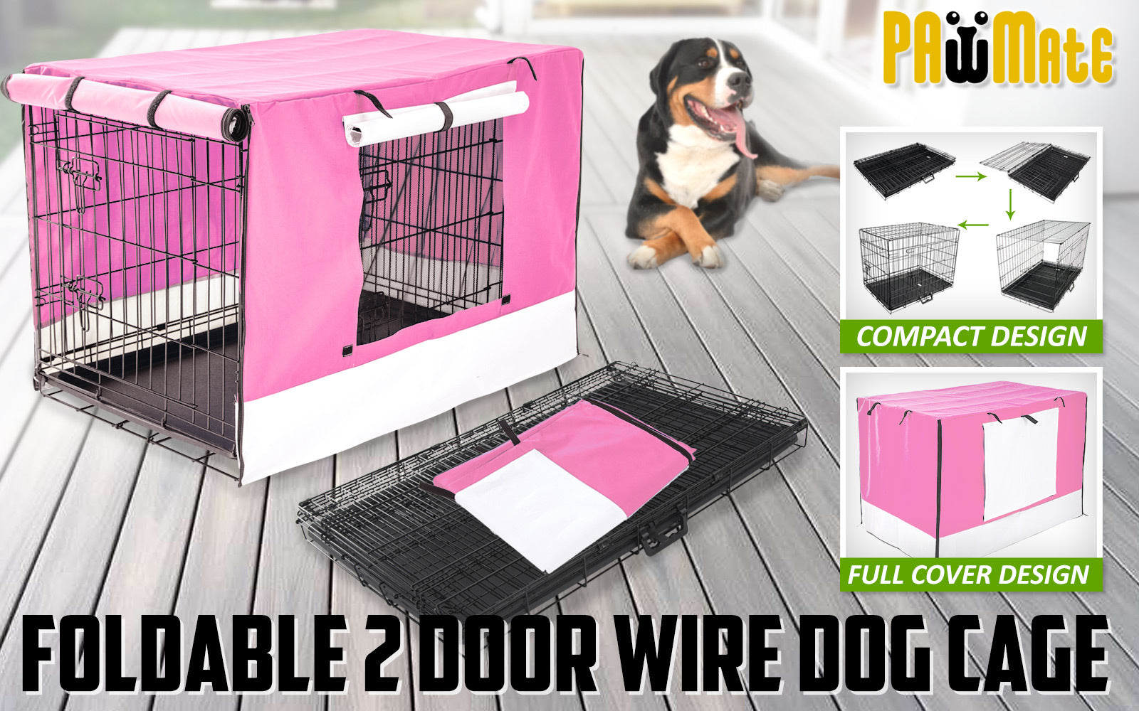 Dog Playpens & Gates: Wire Dog Cage Foldable Crate Kennel 42in with Tray + PINK Cover Combo