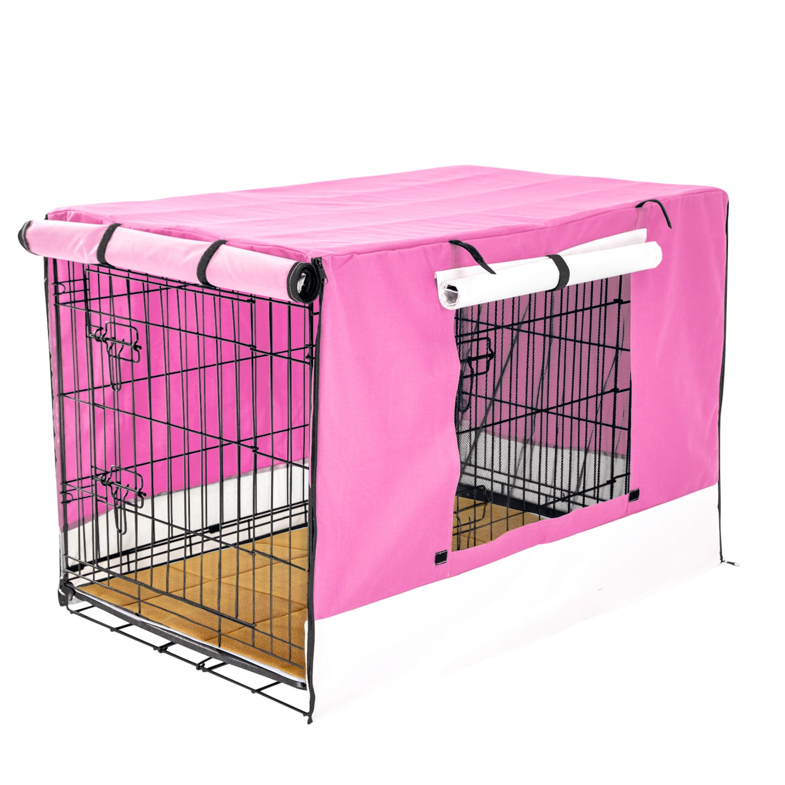 Dog Playpens & Gates: Wire Dog Cage Crate 48in with Tray + Cushion Mat + PINK Cover Combo