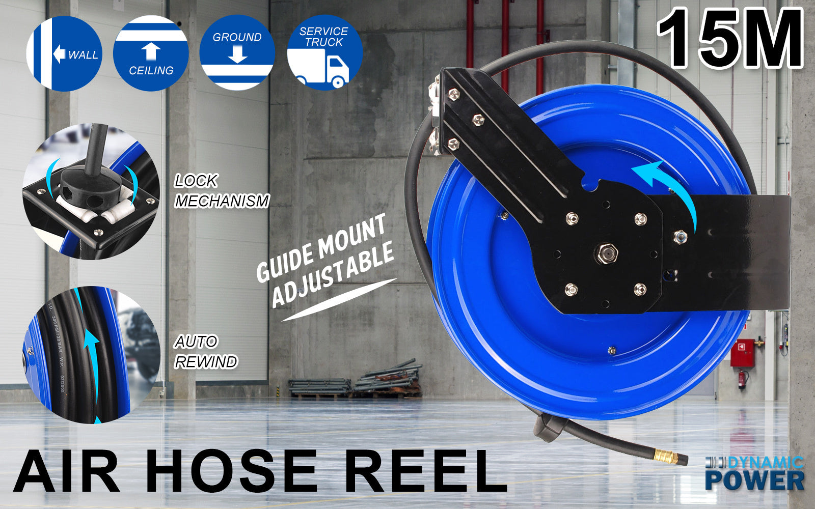 Air Compressors Accessories: Air Hose Retractable Rewind Reel Automotive Industrial 15m