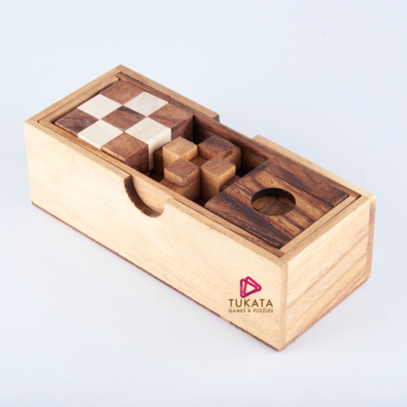 Board Games: 3 individual brainteaser wooden puzzles in a gift wooden box