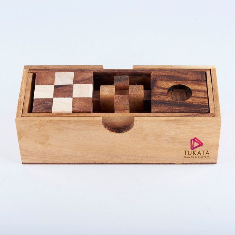 Board Games: 3 individual brainteaser wooden puzzles in a gift wooden box