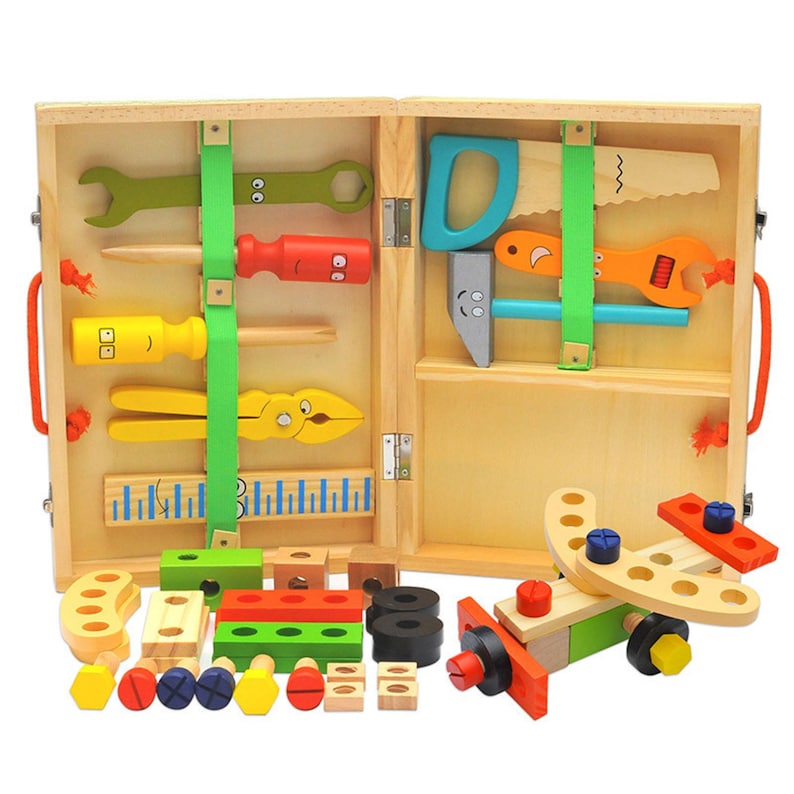 Pretend Play: Children's pretend play build fix wood Toolbox Toy, Carpenter Traddie Set For toddlers and kids