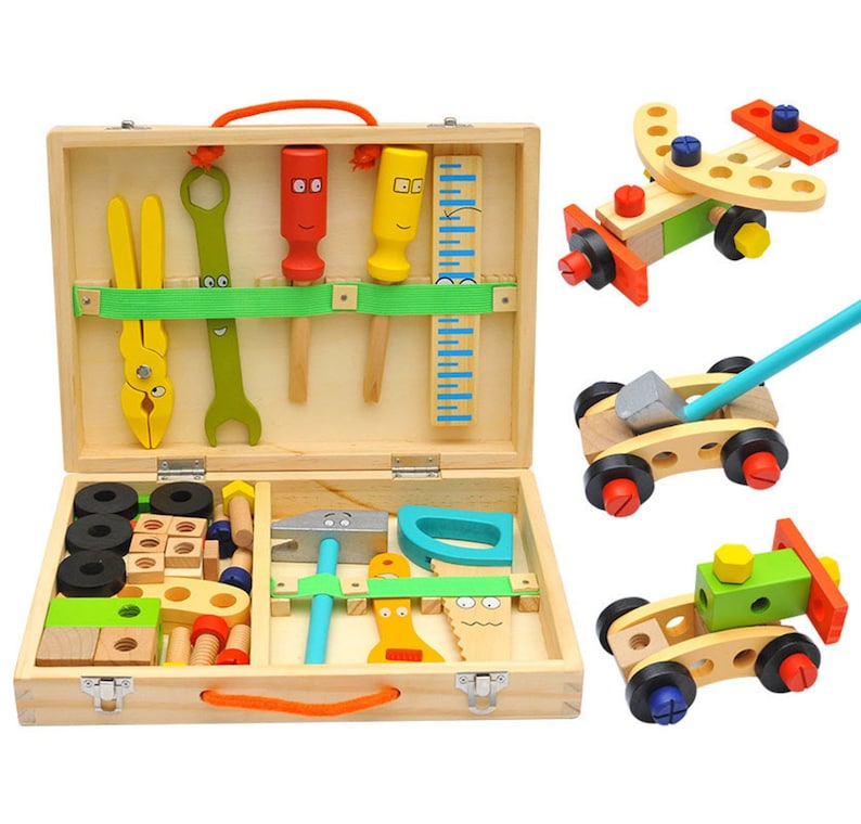 Pretend Play: Children's pretend play build fix wood Toolbox Toy, Carpenter Traddie Set For toddlers and kids