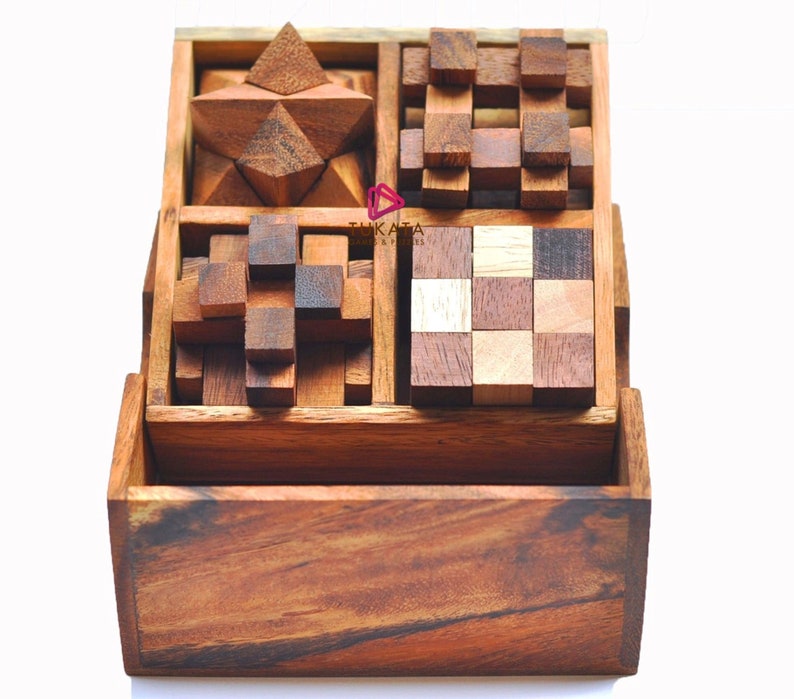 Board Games: 4 individual brainteaser wooden puzzles in a gift wooden box